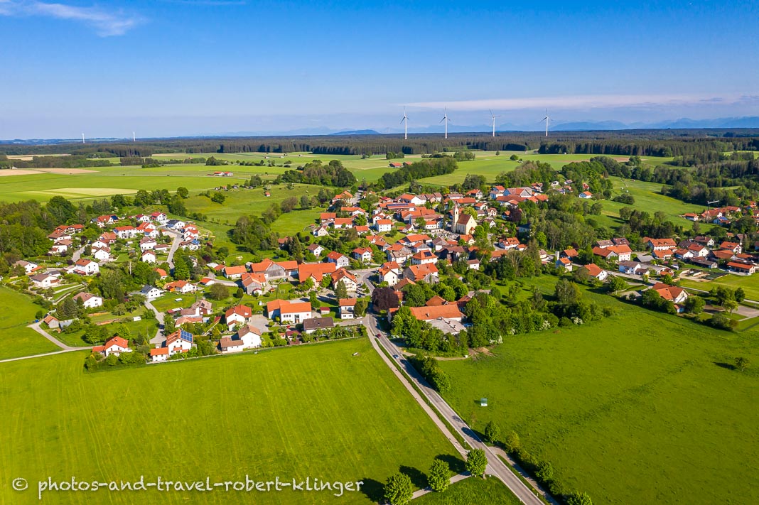 A drone photo of a village in southern Germany