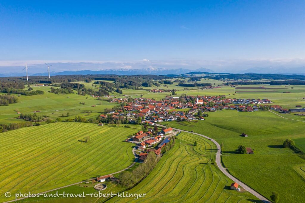 A village in Bavaria close to the alps, photographed from a drone