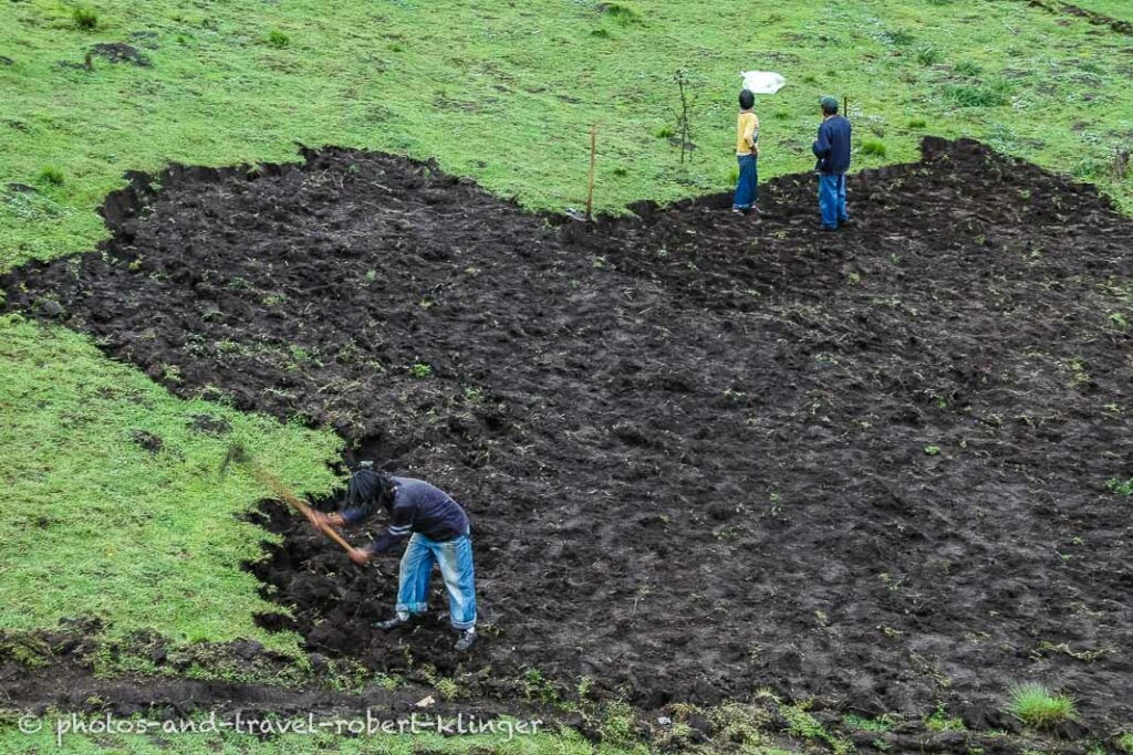 A man plowing a field by hand