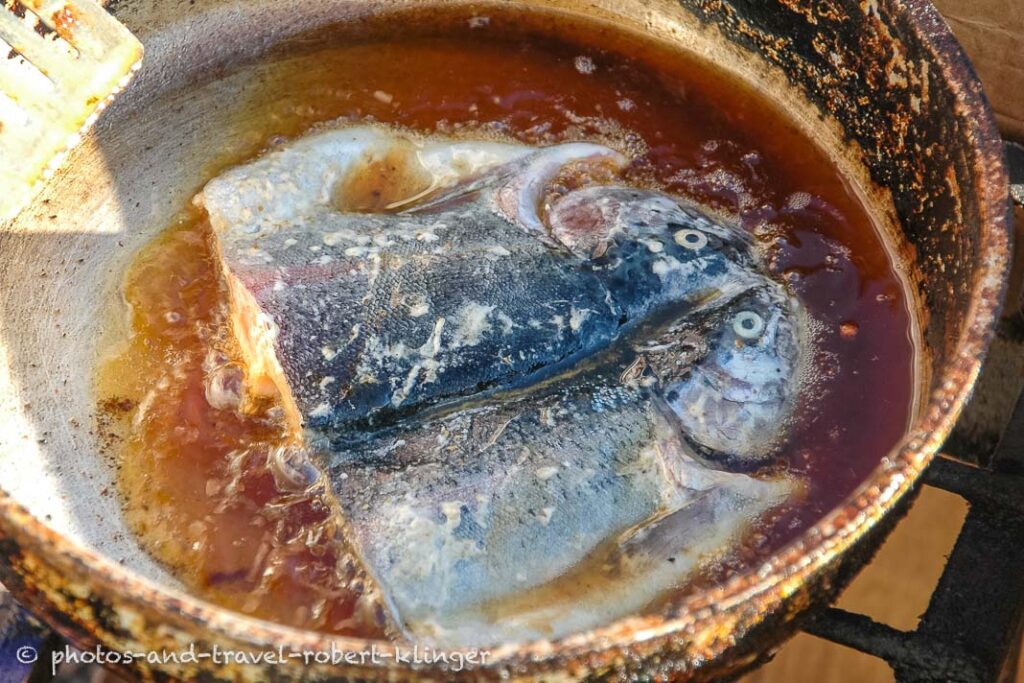 A rainbow trout in a frying pan at lake titicaca