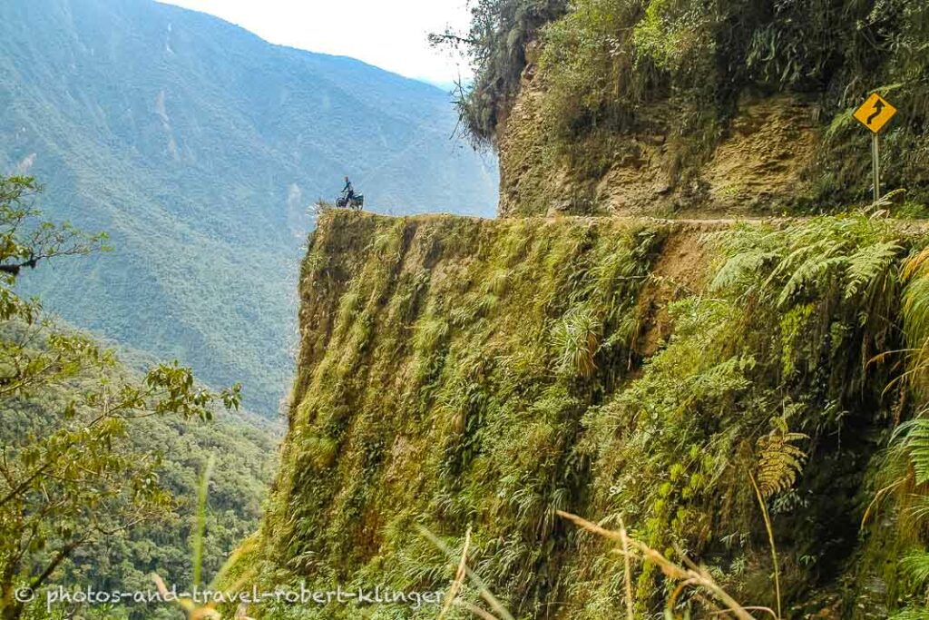 A cyclist on North Yungas Road in Bolivia