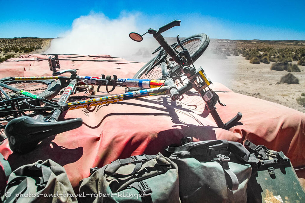 A bicycle on a truck in a desert in Bolivia