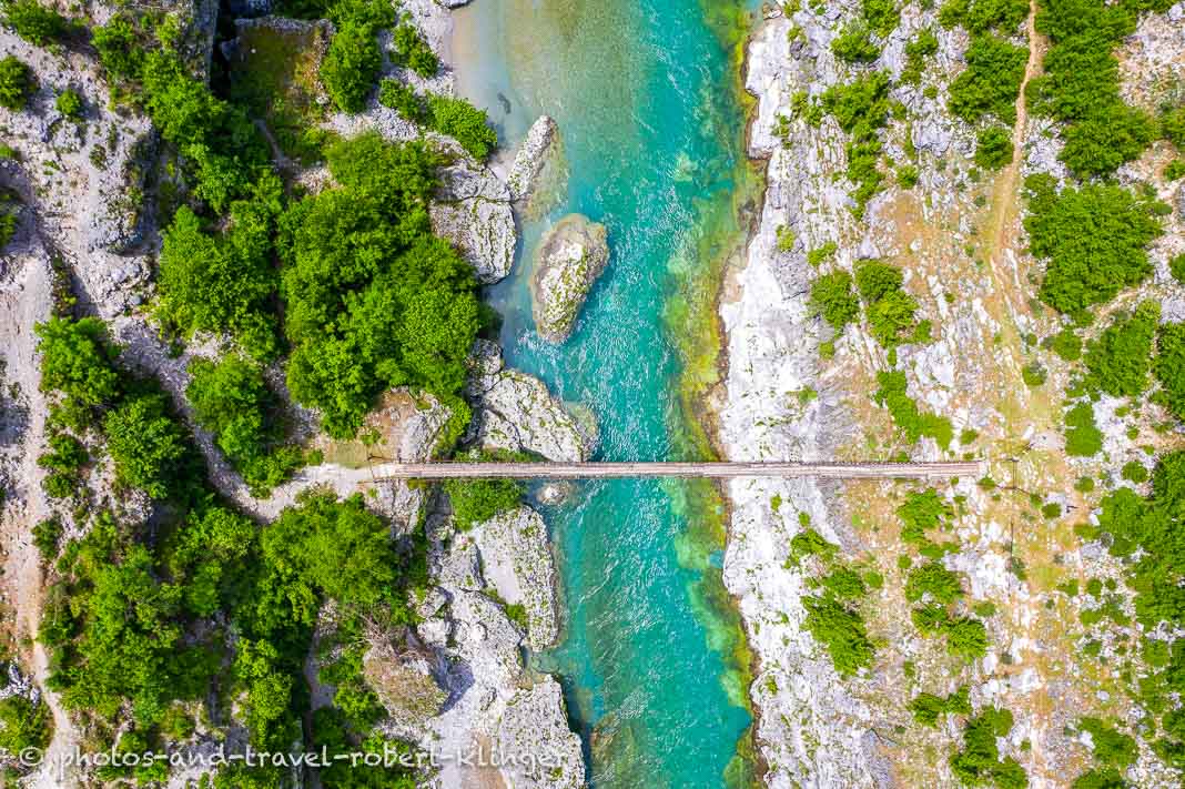 A swingbridge over the river Cijevna in Albania, aereal photo