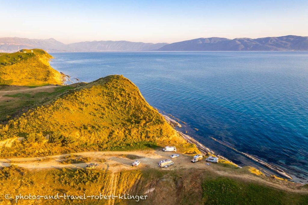 A beautiful camping spot with numerous camping cats in Albania close to the city of Vlora