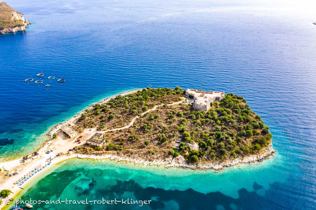 A beautiful island photographed from the air in Albania