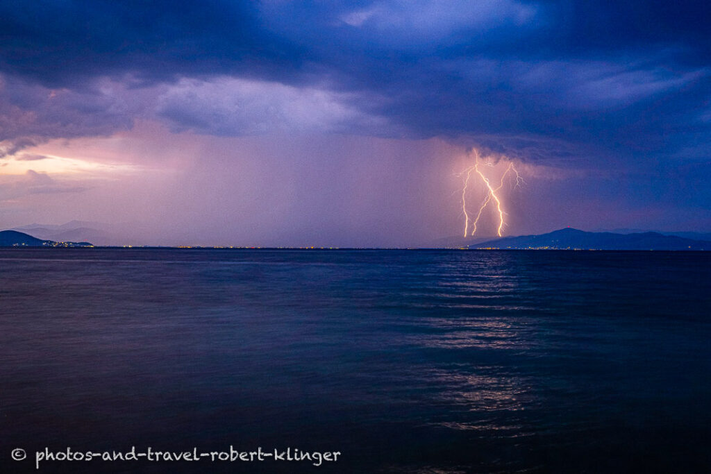 A lightning stroke and a thunderstorm over lake Ohrid in Albania