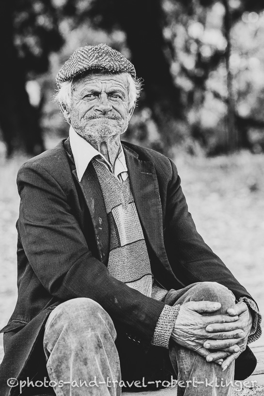 A old man in Albania photographed in black and white