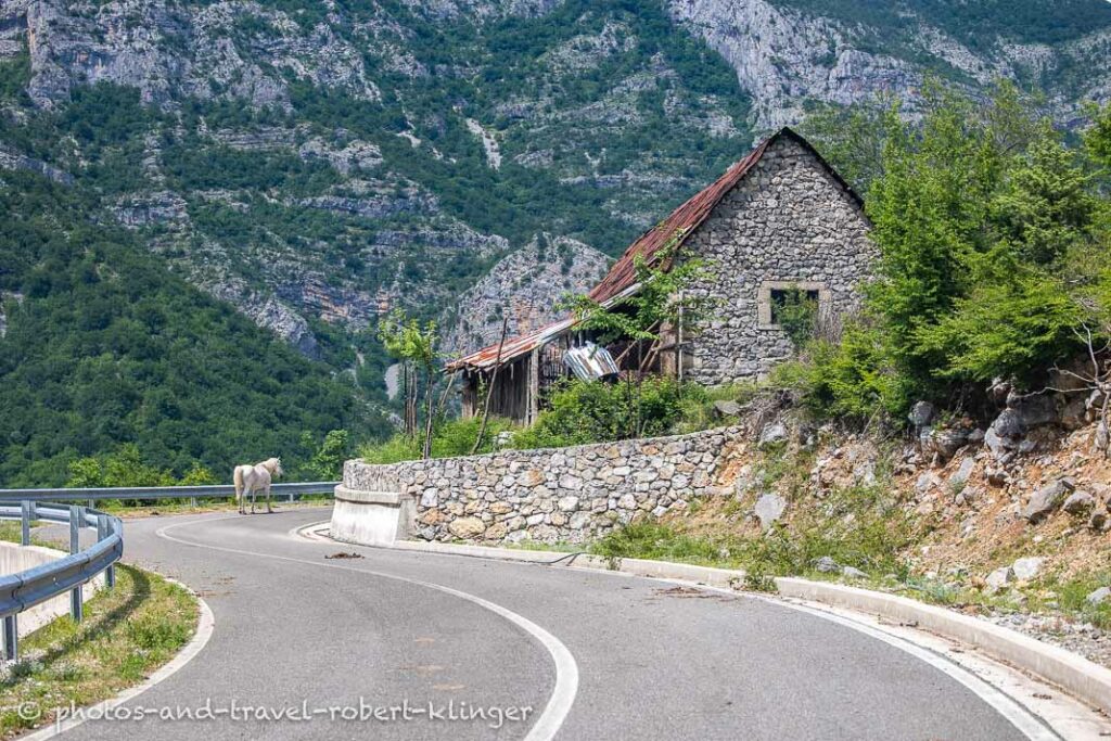 A mountain road passes a stone house in Albania