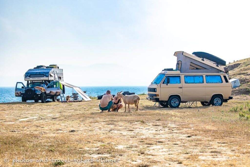 Two camping vans, including a T3 Volkswagen van at the coast in Albania