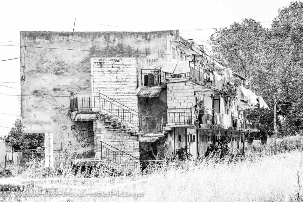 A very old and ruined appartmenthouse in Albania, Vlora, black and white photo