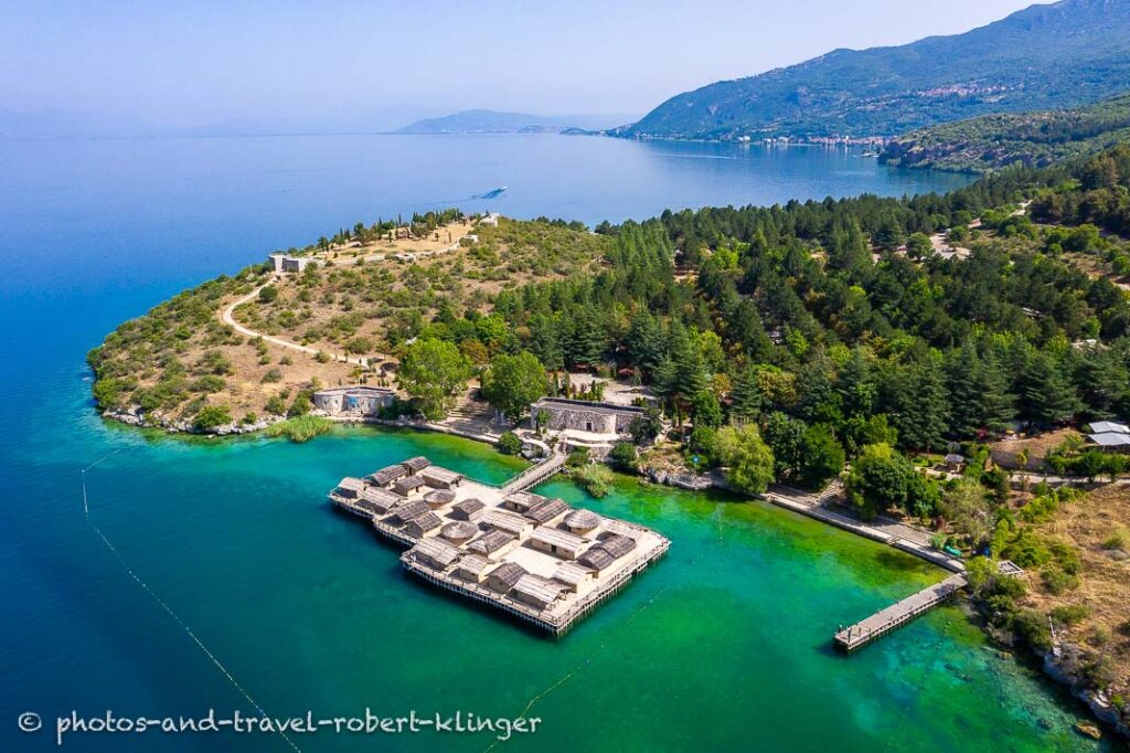 Aerial photo of the bay of bones museum at lake Ohrid in Macedonia