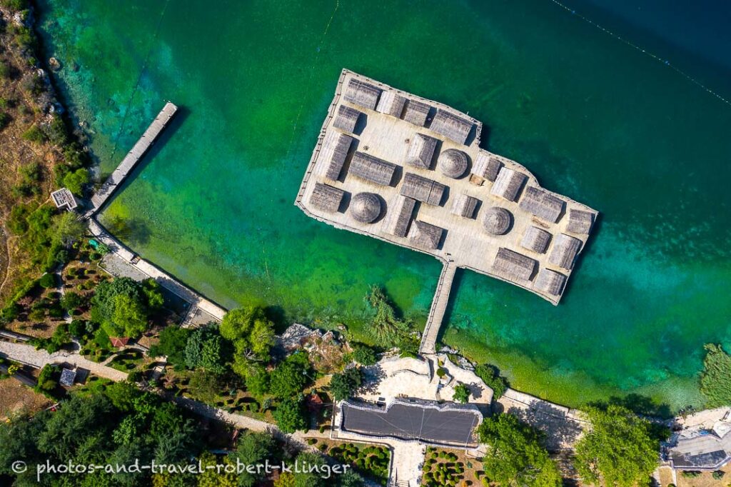 Aerial photo of the bay of bones museum at lake Ohrid in Macedonia