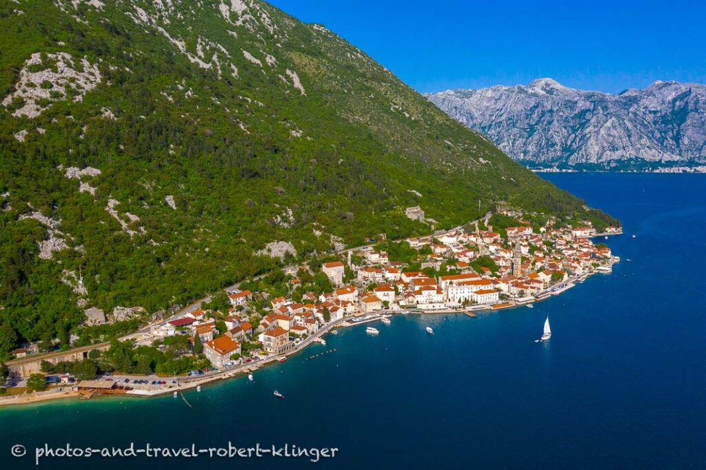 Aerial photograph of Perast in Montenegro at the bay of Kotor