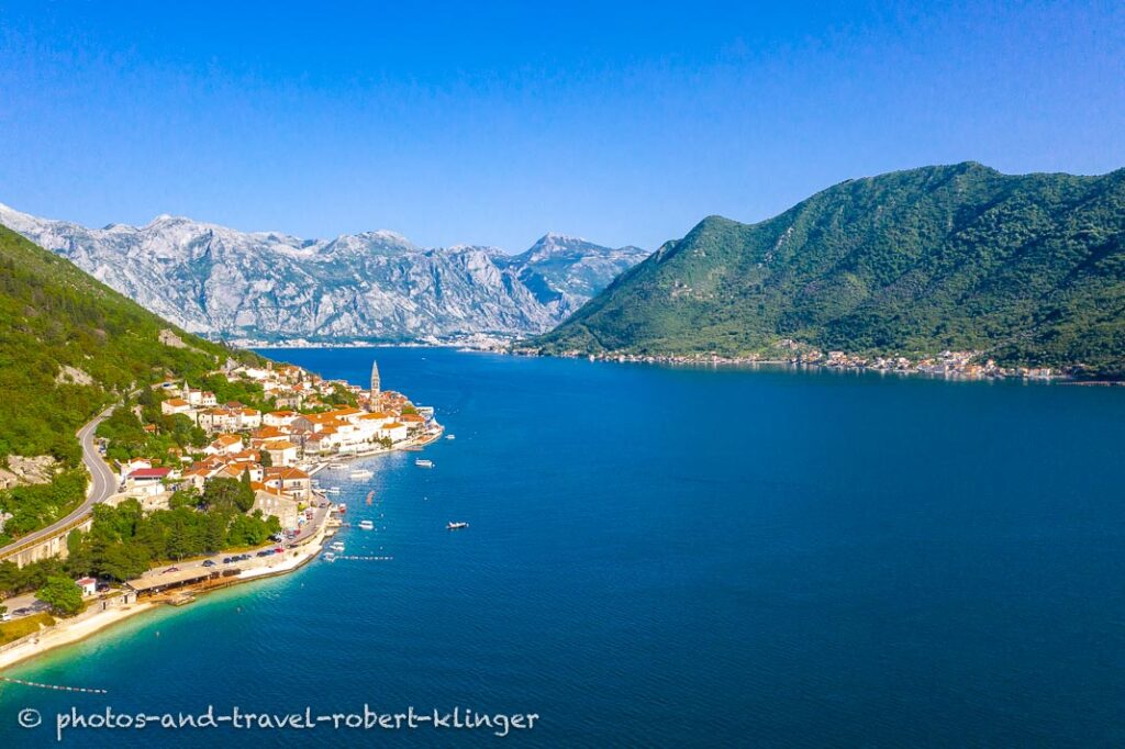 Aerial photo of the bay of Kotor with the town of