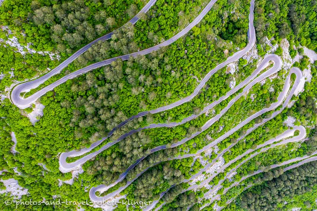 Drone photograph of many serpentines in Montenegro