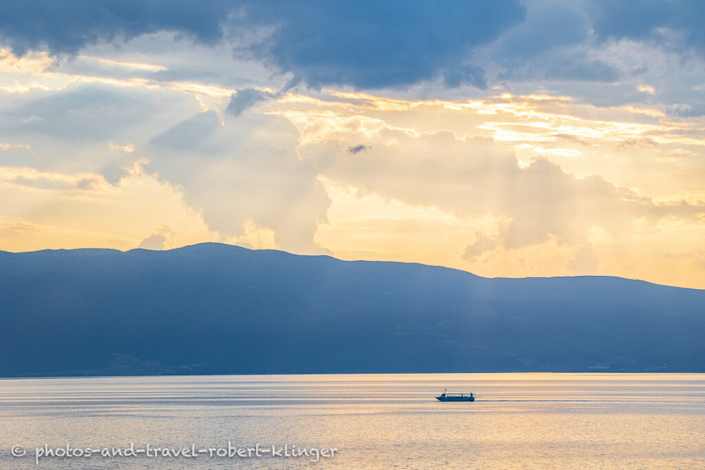 A vessel on Lake Ohrid in Northern Macedonia during sunset