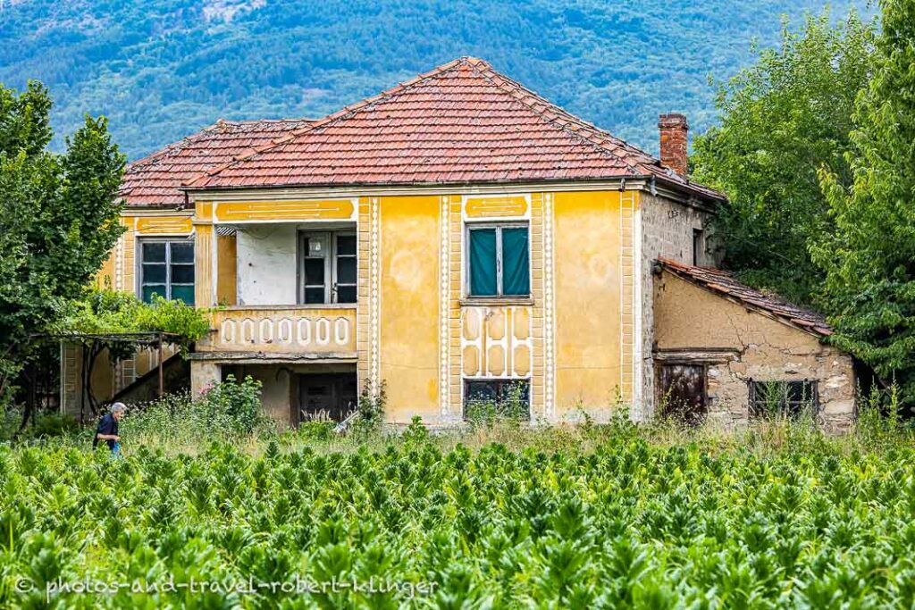 A woman working on a field in front of her house in Macedonia