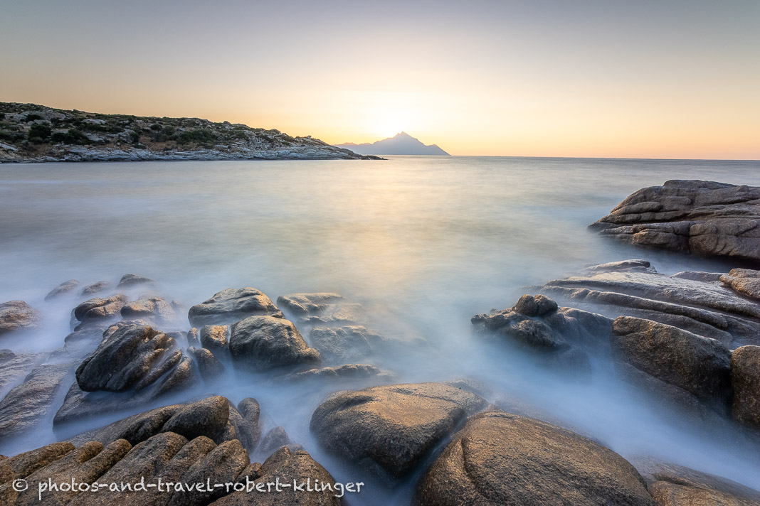 Long exposure photo of Mount Athos in Greece during sunrise