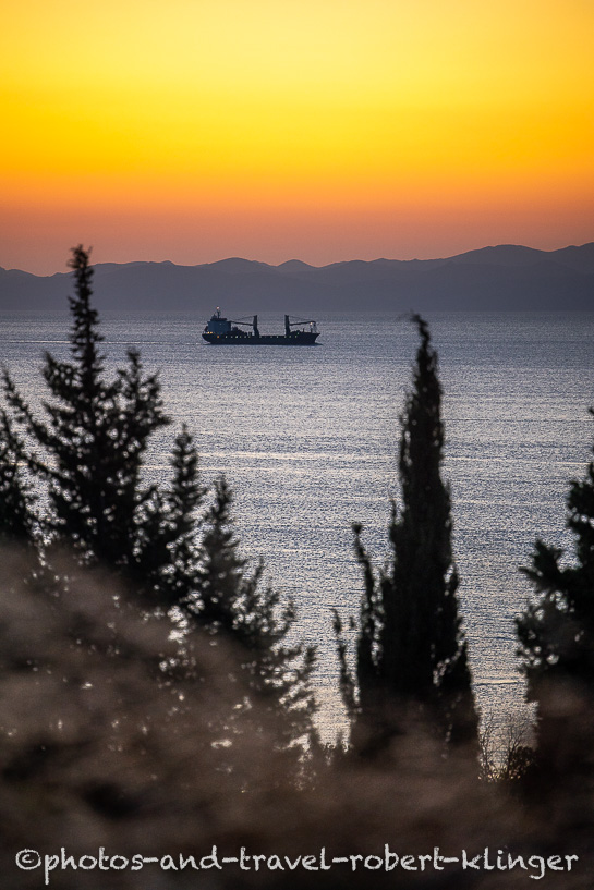 A container ship on the Sea of Marmara during sunset