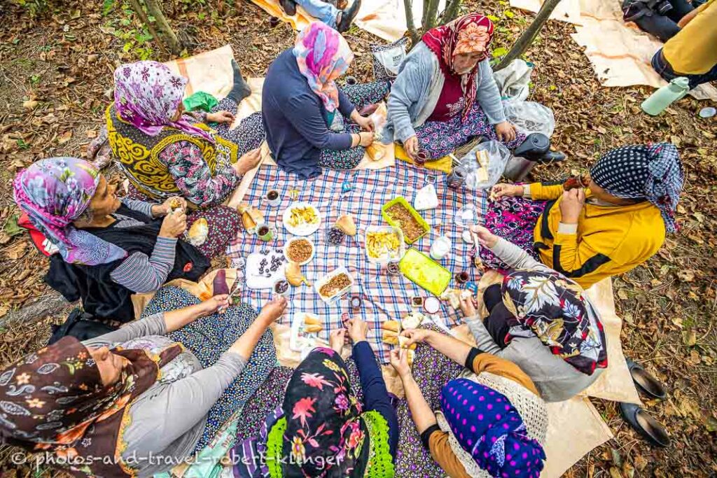 Hazelnut workers having a lunch break in the forest in Turkey