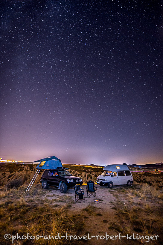 Two camping cars parking in Cappadocia under the stars