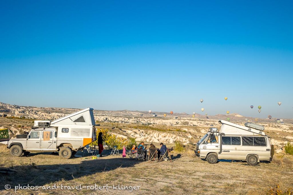 A Landrover defender and a 4x4 Toyota van camping in Cappadocia, Turkey