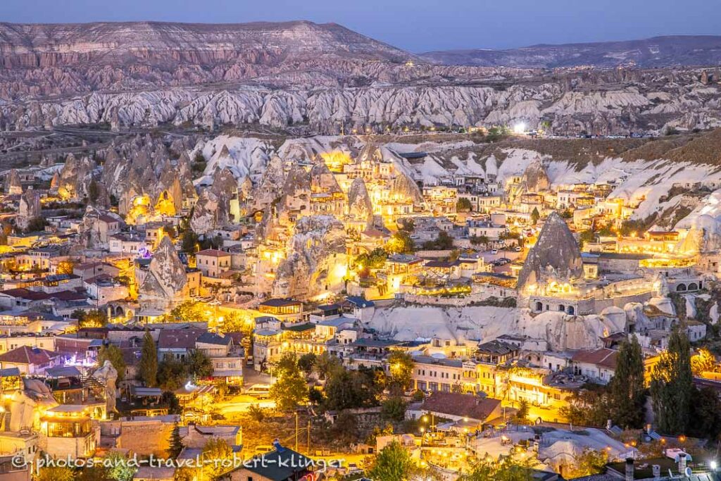 Göreme during the blue houre in Cappadocia