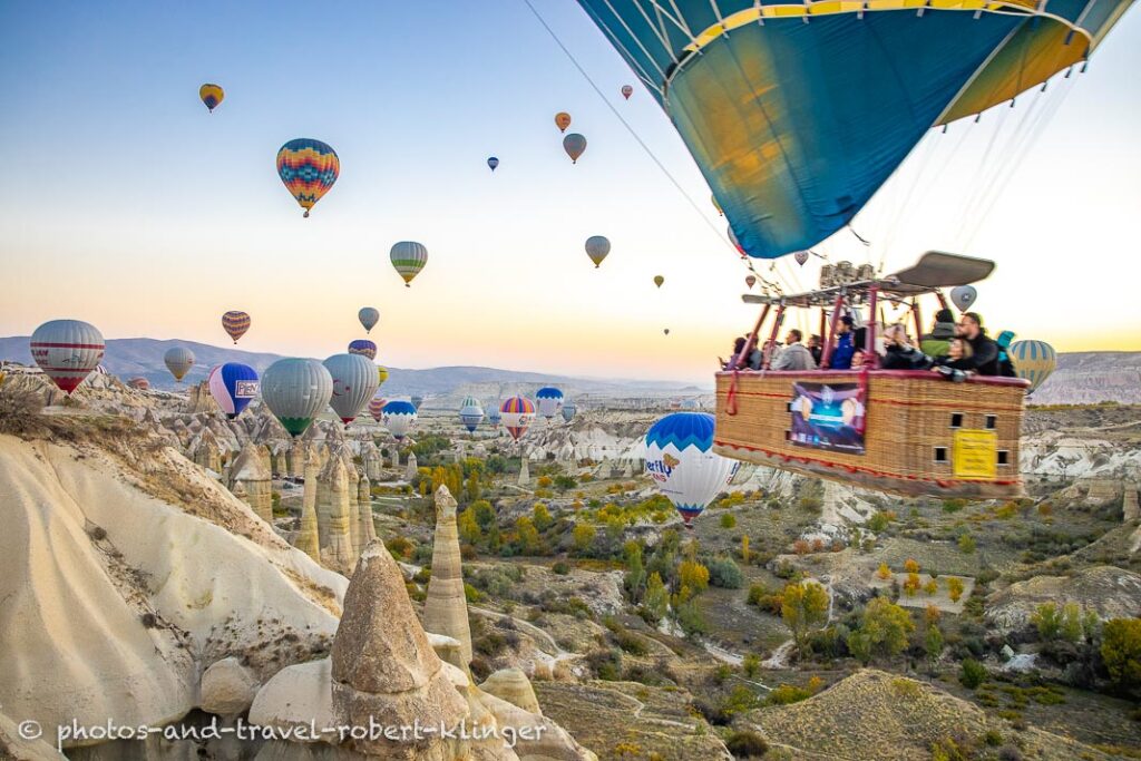 Hot air ballons are starting before sunrise in Cappadocia