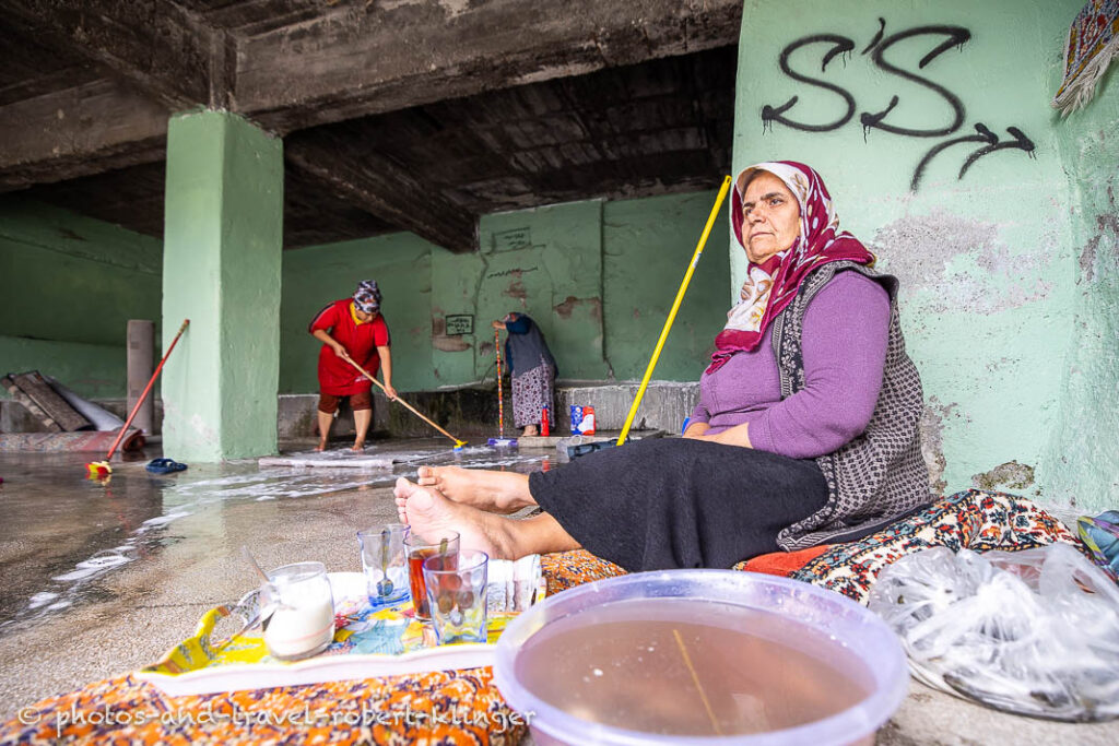 Three woman in a public washing house in Turkey