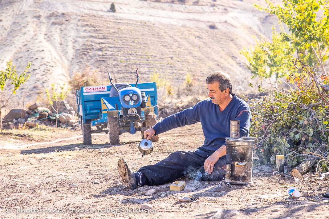A turkish man cooking tea in the countryside of Eastern Anatolia