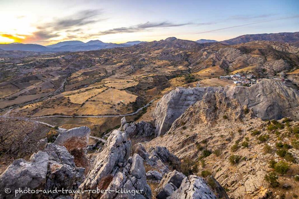 The Yenikale Ruins of the castle Katha Kalesi in the Nemrut Dagi National Park in South-Eastern-Turkey