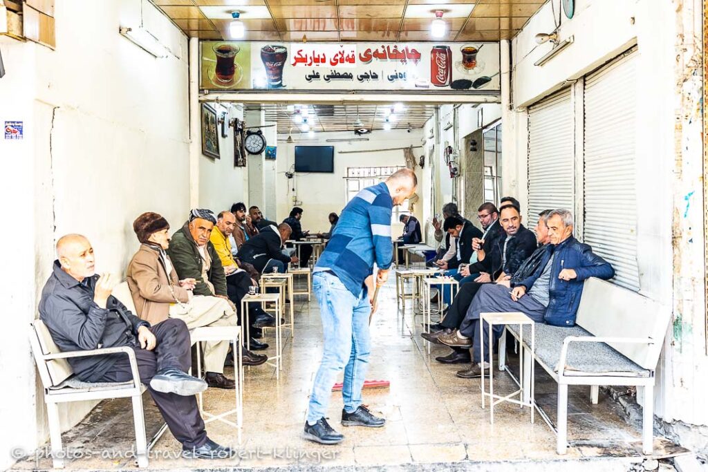 Many men sitting in a tearoom in Erbil, Kurdistan