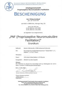 Bescheinigung Grundkurs Proprozeptive neuromuskuläre Fazilitation Physiotherapie Praxis Kreuzlingen Philipp Breitkopf