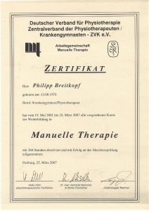 Zertifikat Manuelle Therapie Physiotherapie Praxis Kreuzlingen Philipp Breitkopf