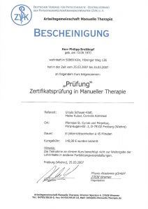 Bescheinigung Zertifikat Prüfung Manuelle Therapie Physiotherapie Praxis Kreuzlingen Philipp Breitkopf