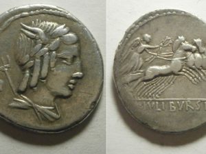 Romeinse Republiek L. Julius Bursio 🜇 Denarius 85 BC  Head/Biga