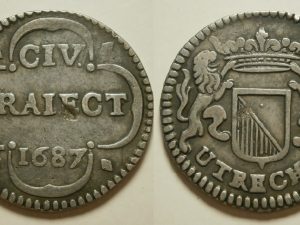 Utrecht Stad Duit 1687 over 1686 zilver .. PIEDFORT .. R4