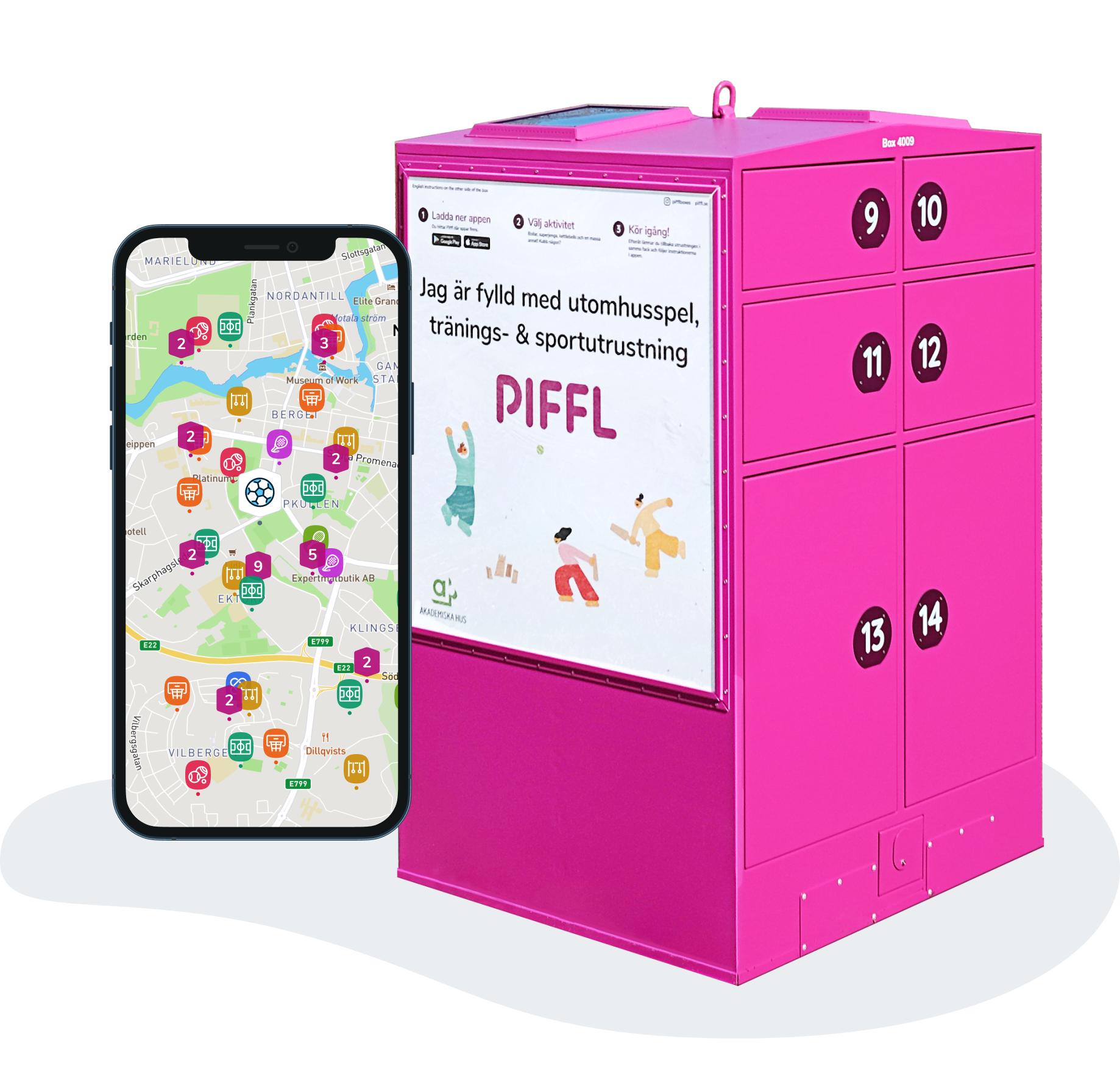 En app som visar en karta intill en rosa box fylld med spel- och sportuturstning