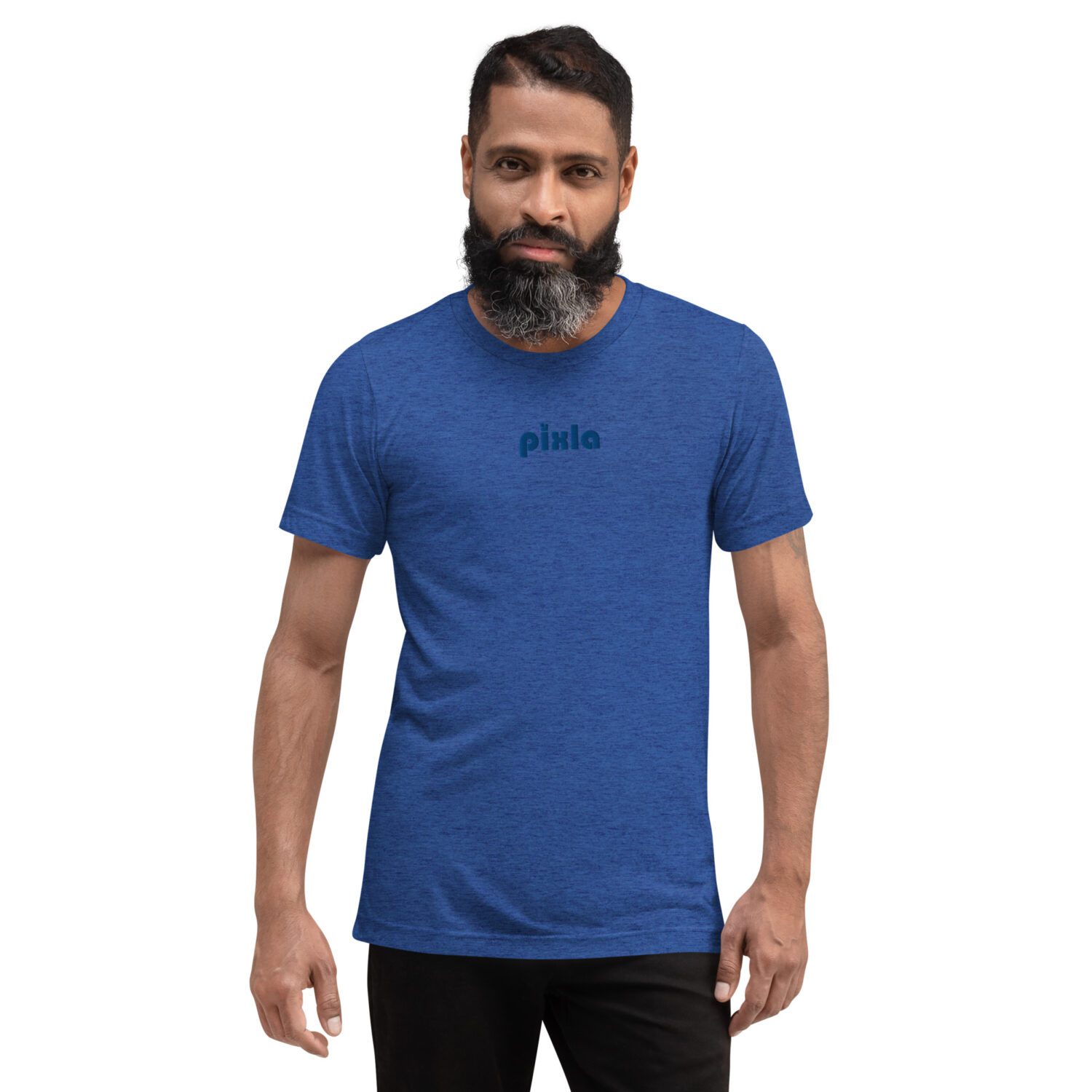 Soft and lightweight tri-blend fabric t-shirt in a vibrant electric royal blue. This royal blue shirt is comfortable and flattering and comes with tone-on-tone embroidery on the chest.