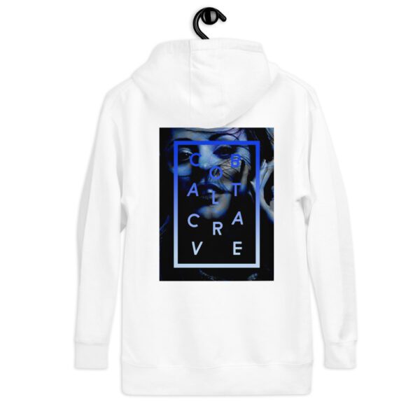 Cozy white unisex go-to premium hoodie in a slim fit to curl up in. Nice medium-weight fabric with a stunning cobalt blue print on the back and super soft fleece inside. Logo print on front chest and cool royal blue print on the upper back.