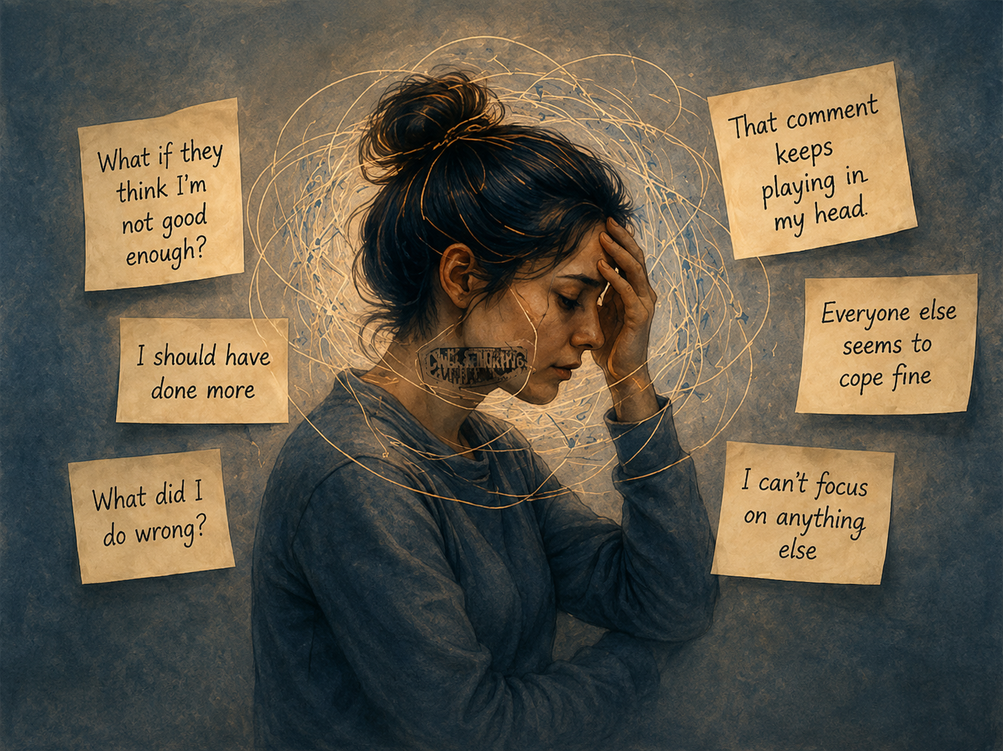 Neurodivergent person experiencing emotional overwhelm and RSD, surrounded by intrusive thoughts like 