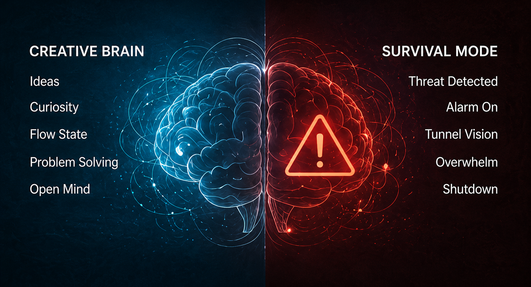 Split brain diagram showing Creative Brain versus Survival Mode - how threat detection shuts down creativity in neurodivergent people
