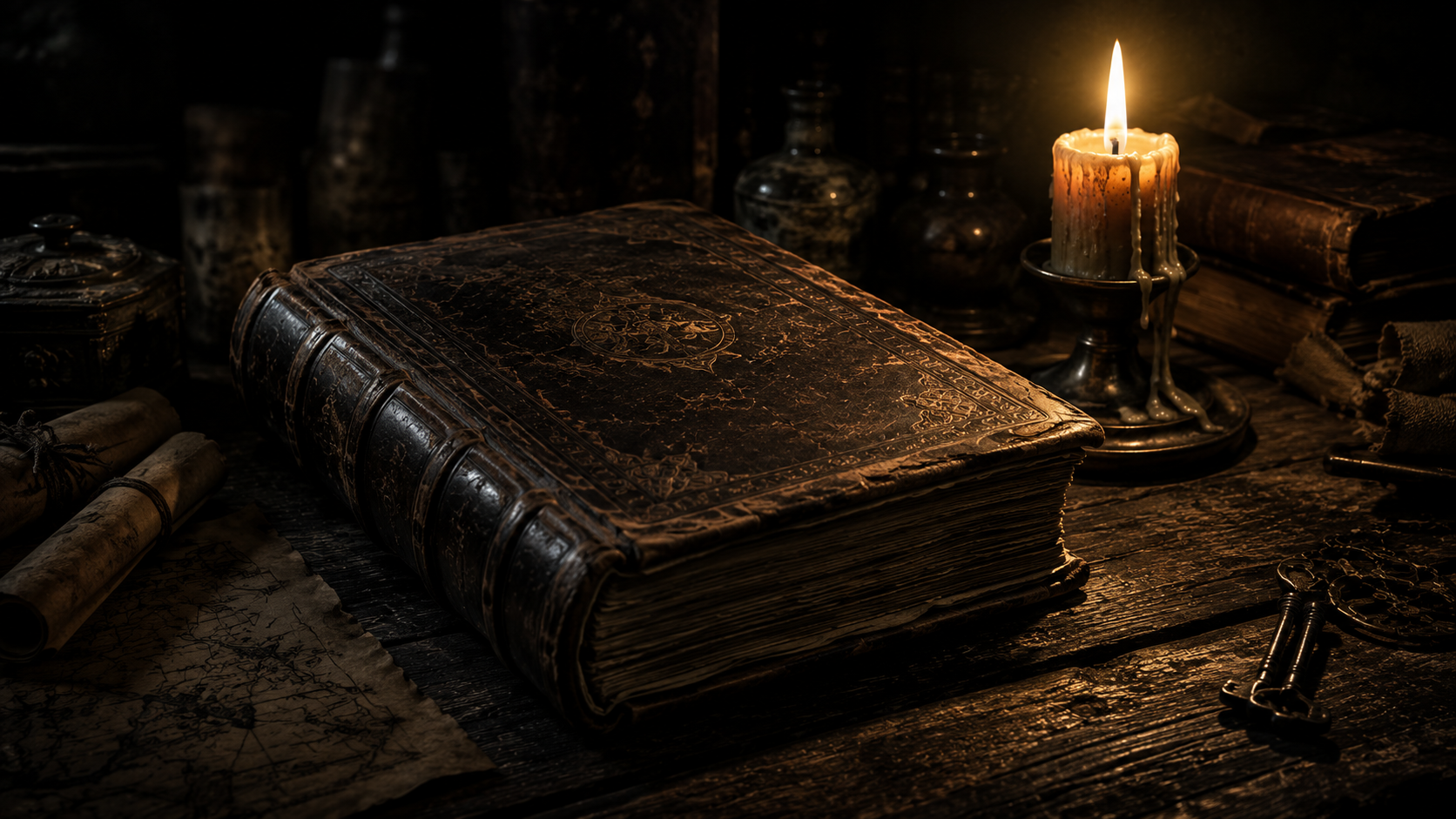 Old leather-bound book beside a lit candle, evoking the cursed Book of Nightmares