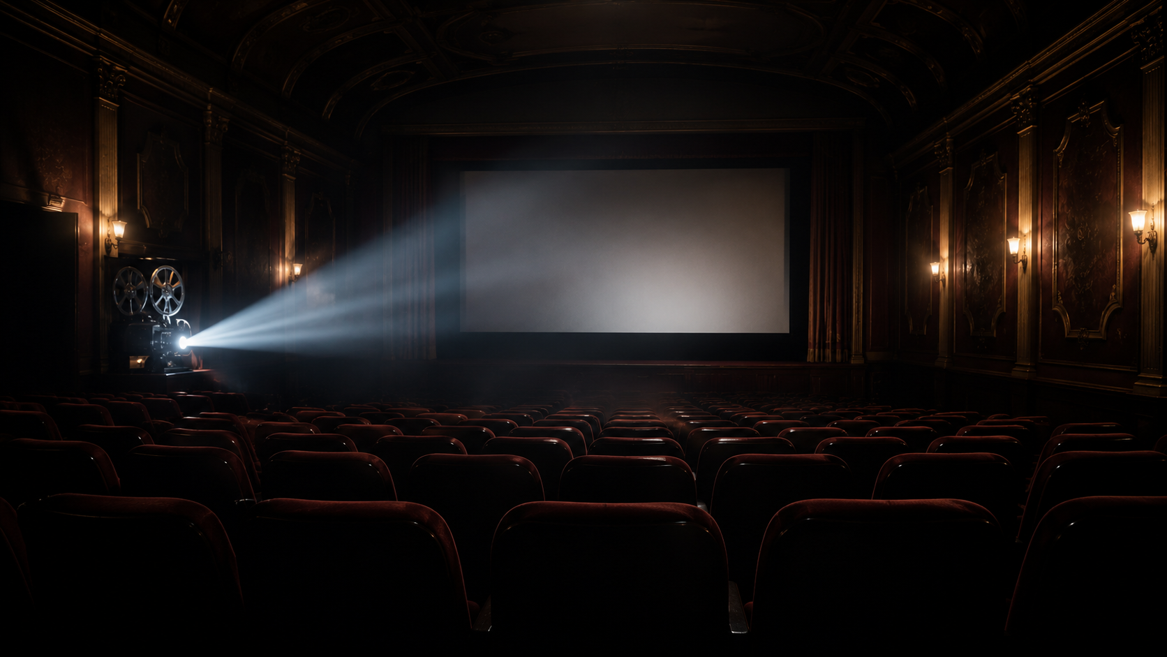 Empty cinema with a single projector beam, symbolising silence as a horror film device