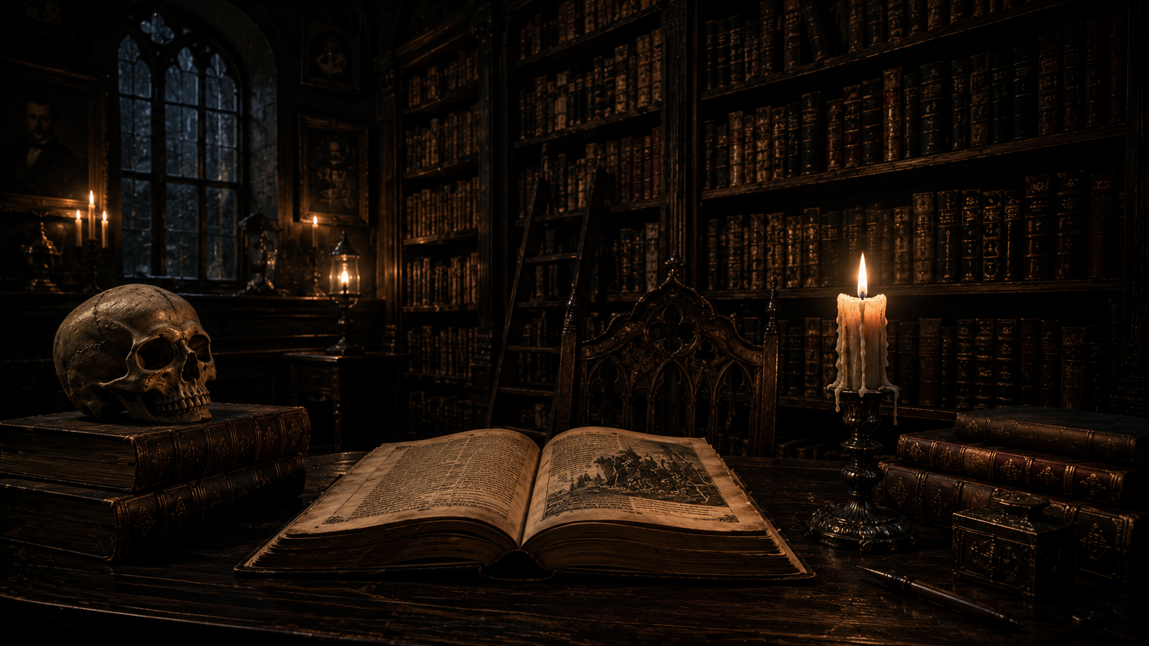 Candlelit gothic library shelves, backdrop for Poe, Lovecraft, Jackson and King on silence