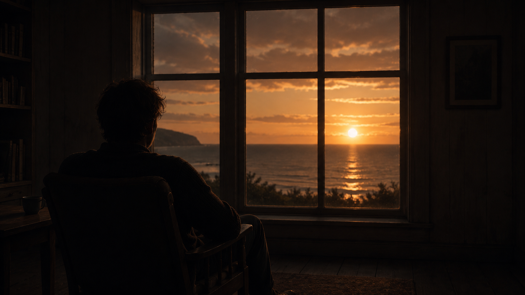 Silhouette of a figure at a window at dusk, reflecting quietly on silence and solitude