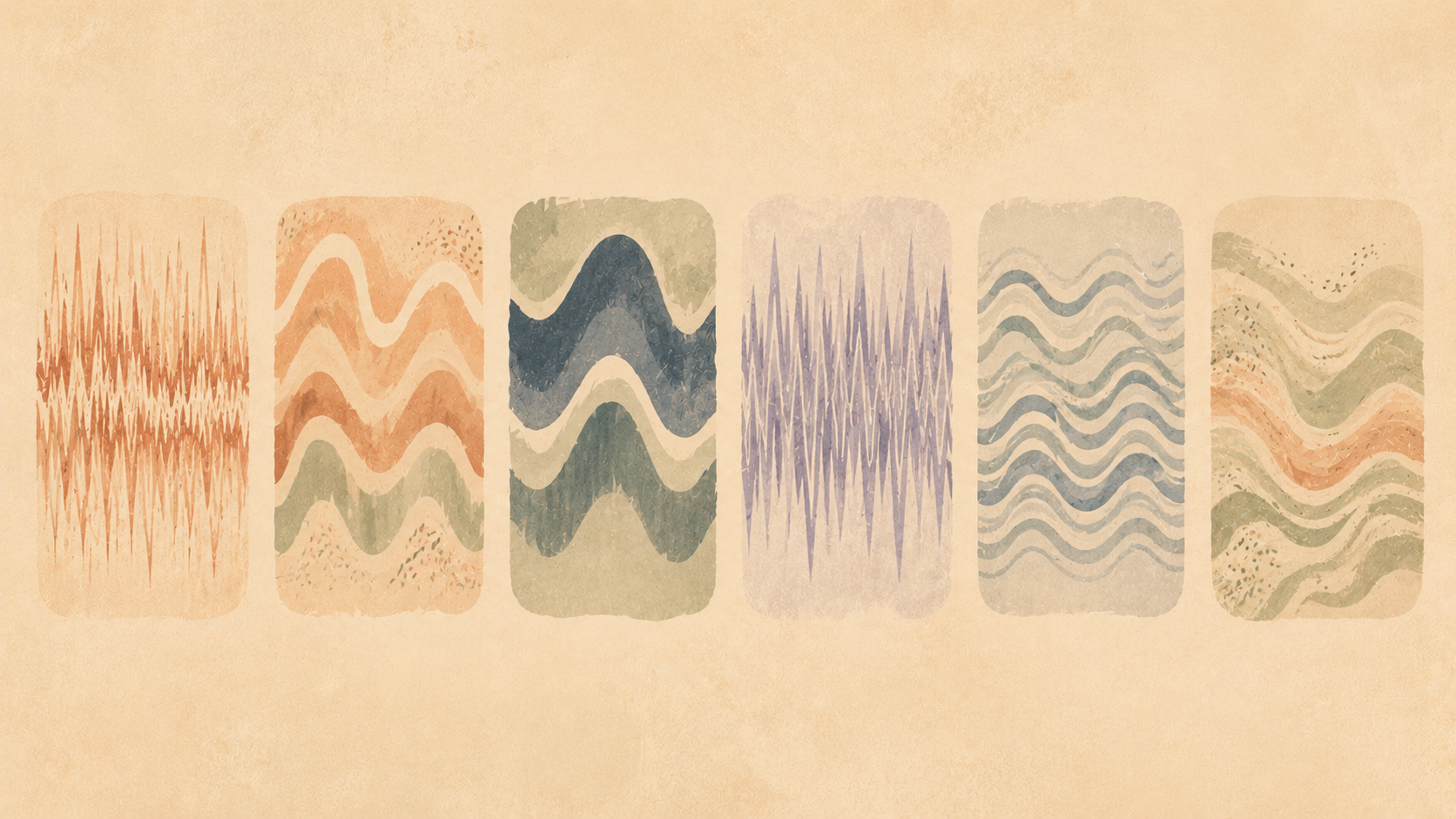 Infographic-style illustration of six abstract soundwave patterns representing white, pink, brown, blue/violet, grey and green noise.