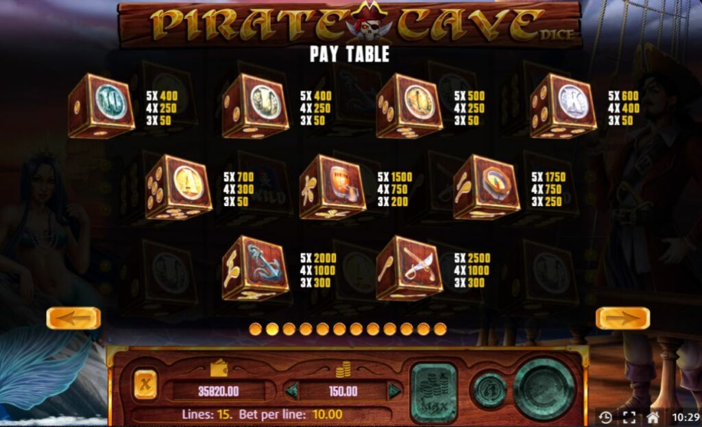 Pirate Cave Dice - pay table