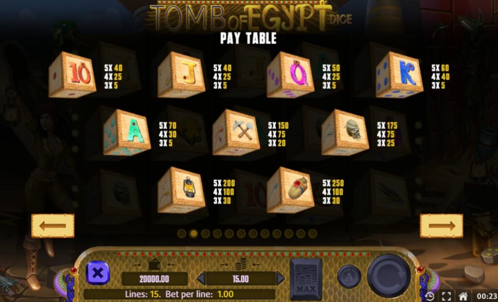 Tomb of Egypt Dice  pay table