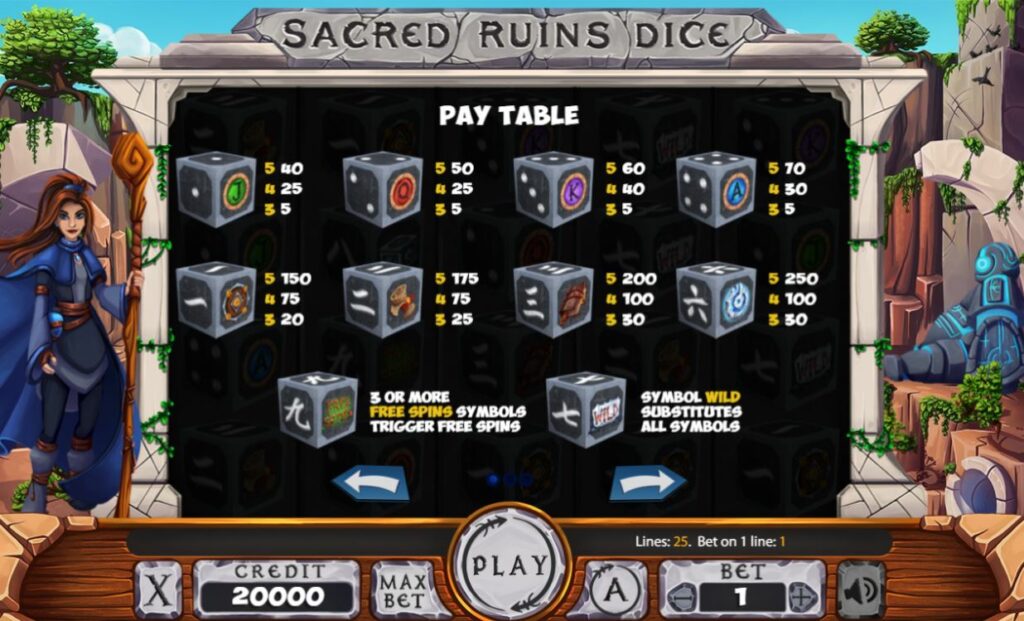 Sacred Ruins Dice | Wilds | Free games - Pay table